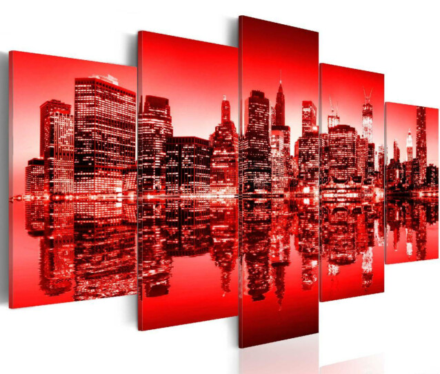 Taulu Artgeist Punainen hehku yli New Yorkin, 5-osainen, eri kokoja