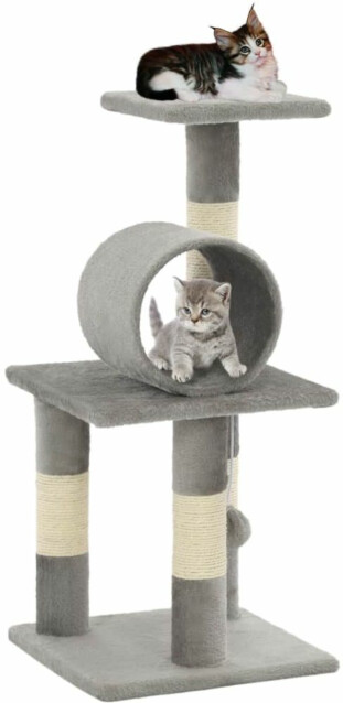 Kissan kiipeilypuu, sisal-pylväillä, 30x30x65cm, tunnelilla, harmaa